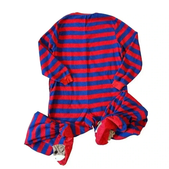 Nick & Nora Blue Red Stripe One Piece Sock Monkey Footie Pajamas Size Medium - Picture 2 of 7